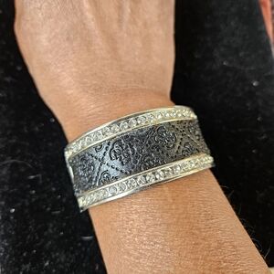 Guess Black Logo Leather and Crystal Silver-tone Hinged Bracelet